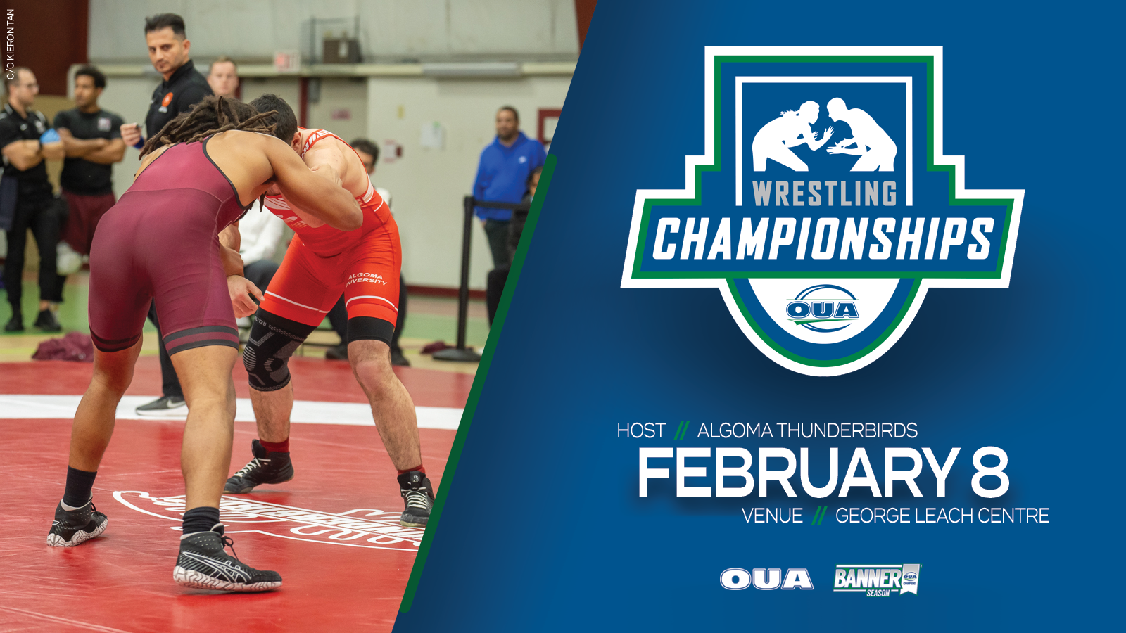 Graphic on blue background feature photo of a pair of men's wrestlers on the left side, and the OUA Wrestling Championships logo and date (February 8) on the right