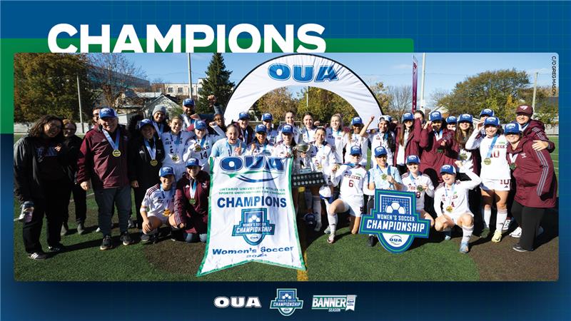 Graphic on blue background featuring banner-winning photo of the Ottawa women’s soccer team. Large white text reading, 'CHAMPIONS', is included in the top third beside the Ottawa Gee-Gees logo.