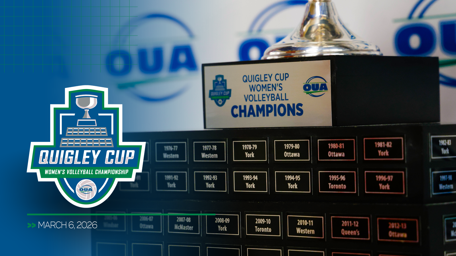 Graphic featuring zoomed in photo of the Quigley Cup trophy, with a blue gradient overlap on the left and the Quigley Cup logo and championship date included in the bottom left corner