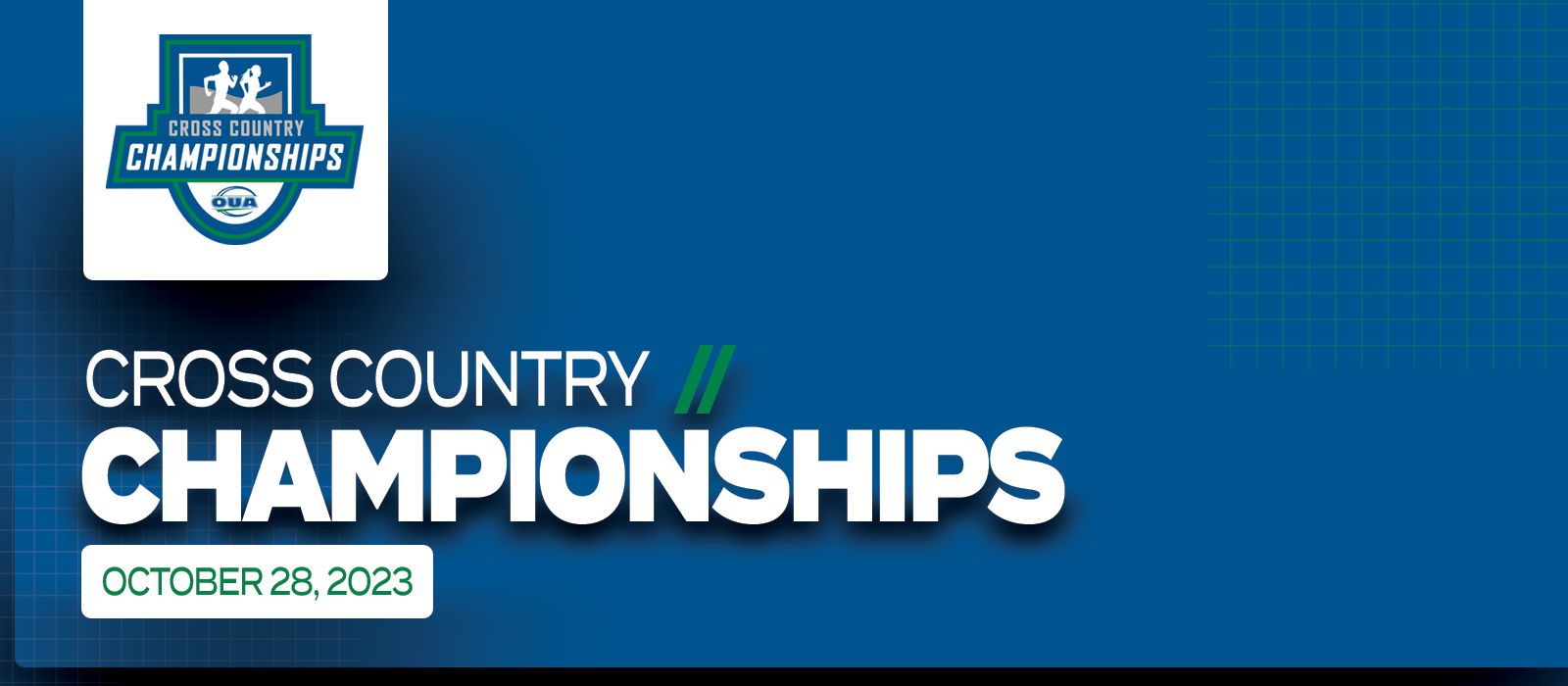 Predominantly blue graphic with large white text on the left side that reads Cross Country Championships, October 28, 2023&rsquo; beneath the OUA Cross Country Championships logo