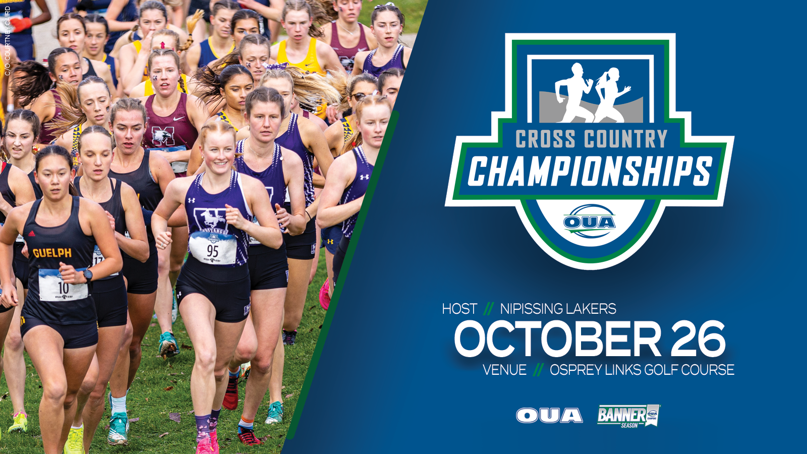 Graphic on blue background feature photo of women's cross country runners on the left side, and the OUA Cross Country Championships logo and date (October 26) on the right
