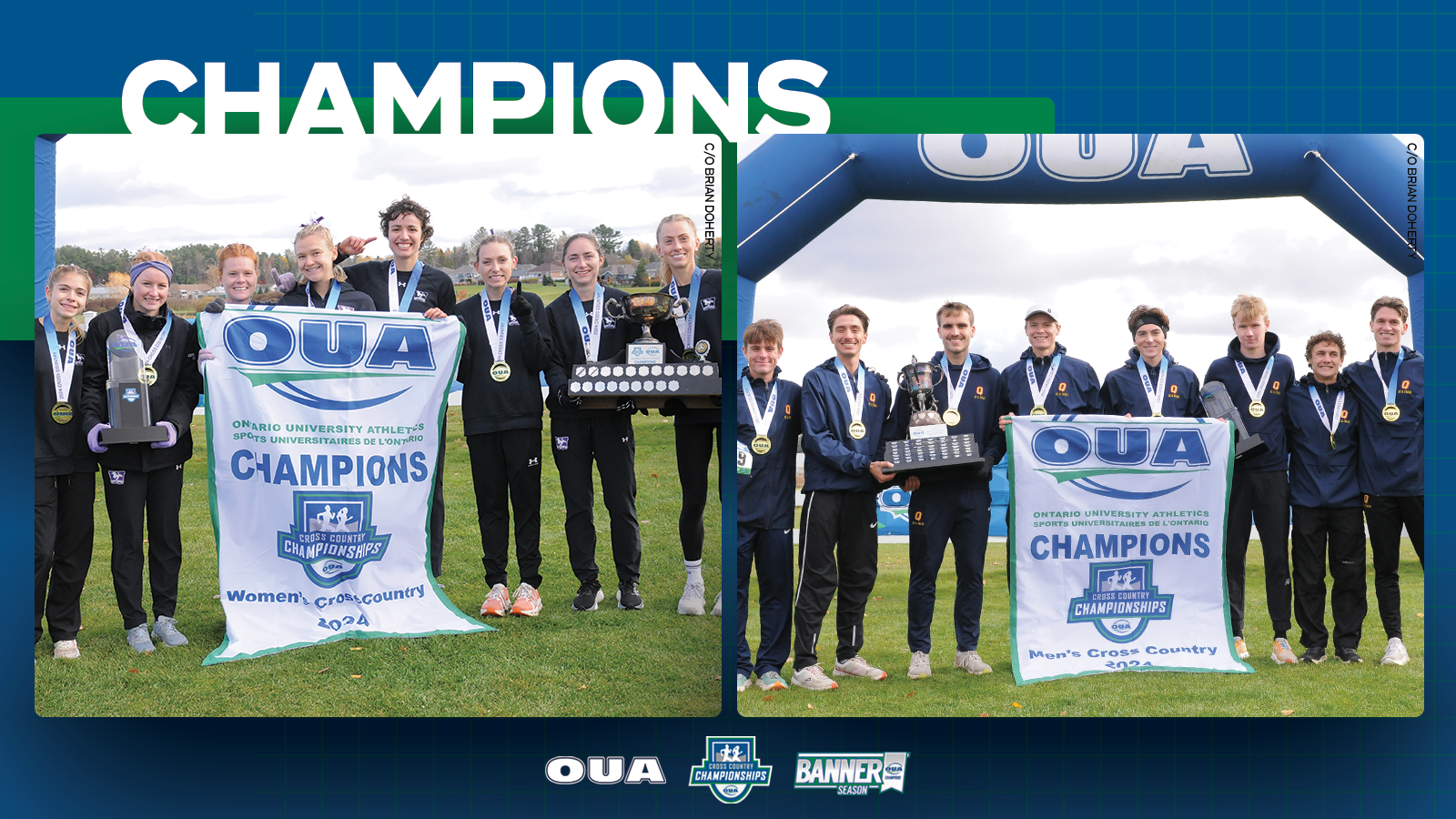 Graphic on blue background featuring banner-winning photo of the Western Mustangs women’s cross country team and the Queen’s Gaels men’s cross country team. Large white text reading, 'CHAMPIONS', is included in the top third 